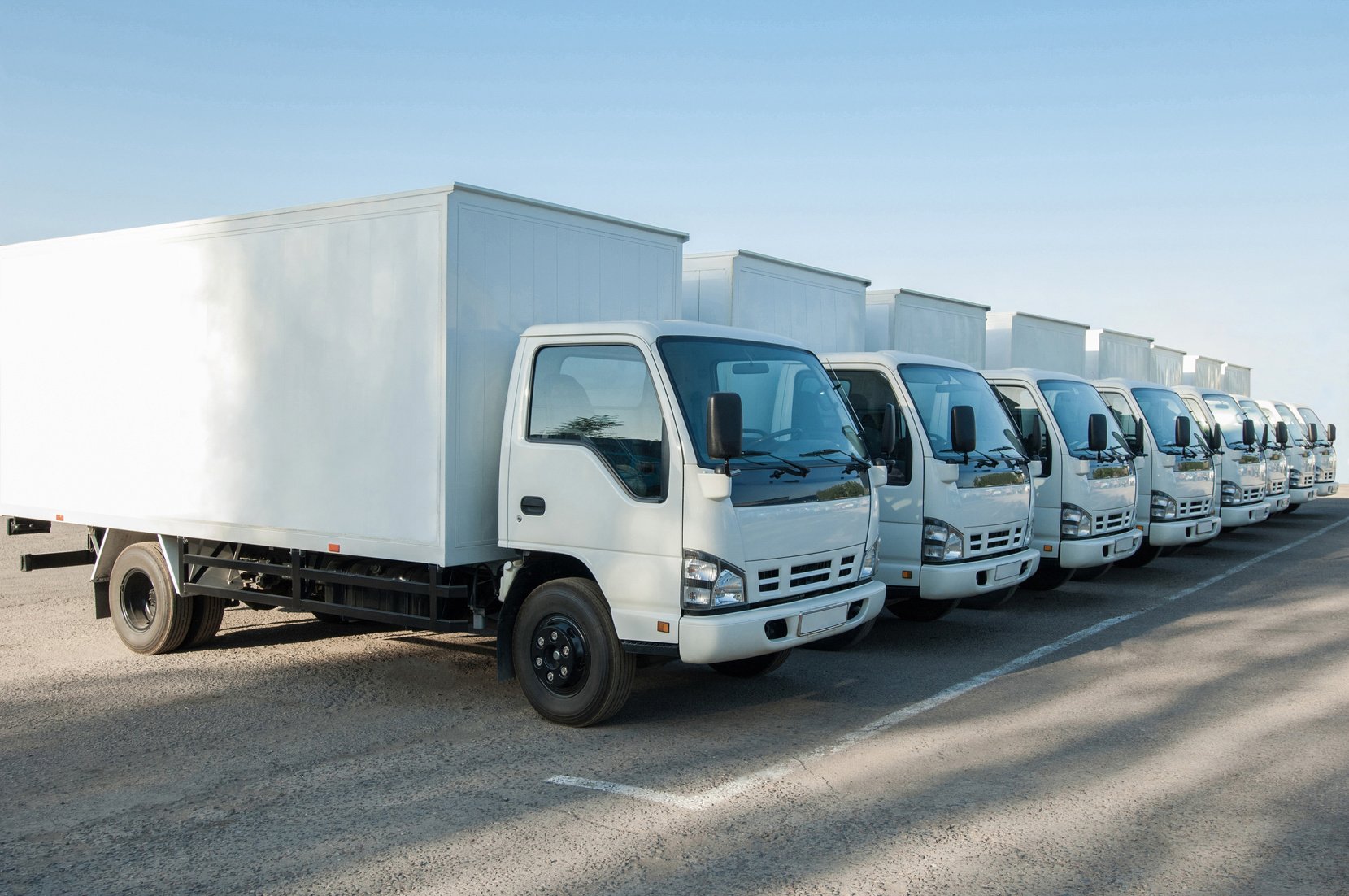 trucks stand in the parking lot in a row